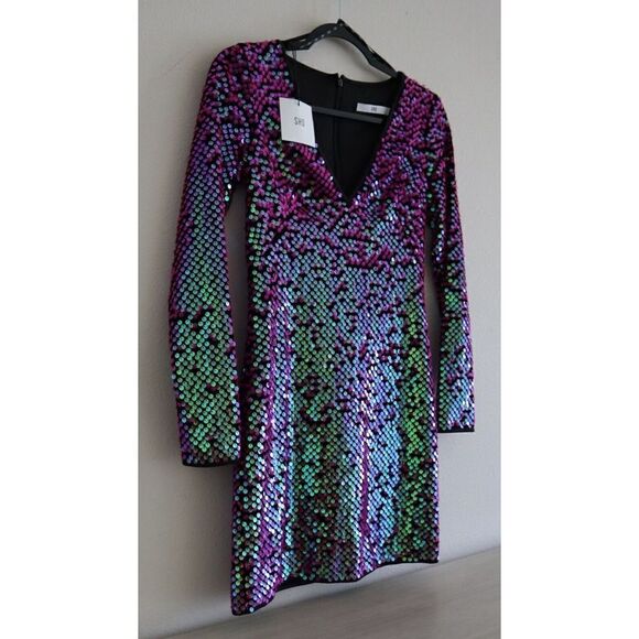 SHO x Tadashi Shoji Sz XXS Hot Pink Long Sleeve Paillette Body-Con Dress - Picture 4 of 16